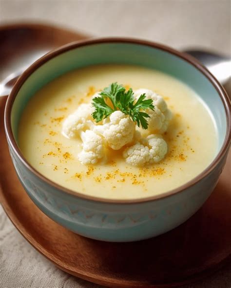 Bol de potage froid au chou-fleur garni d'herbes et d'un filet d'huile d'olive