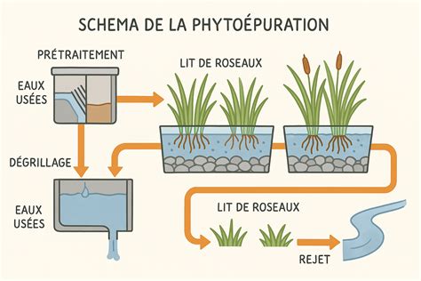 Schéma d'un système de phytoépuration intégrant des massettes pour le traitement des eaux usées