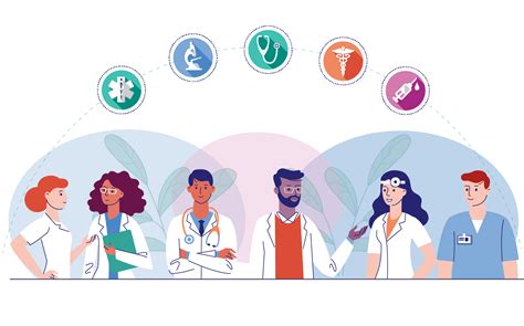Illustration d'un service hospitalier moderne avec des professionnels de santé souriants et des patients engagés dans des activités