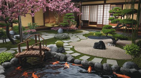 Composition typique d'un jardin japonais avec eau, pierres et plantes