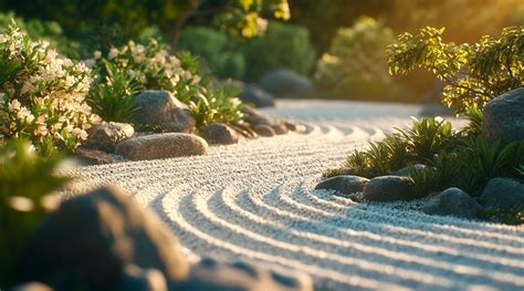 Jardin zen (karesansui) avec du gravier ratissé et des pierres