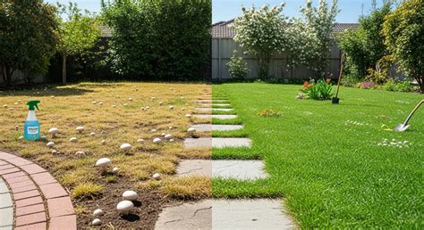Photo comparative entre une pelouse saine avec champignons et une pelouse carencée