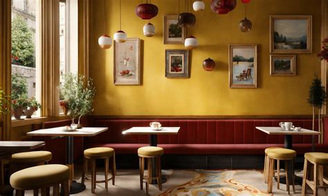 Intérieur de café parisien avec des chaises en rotin