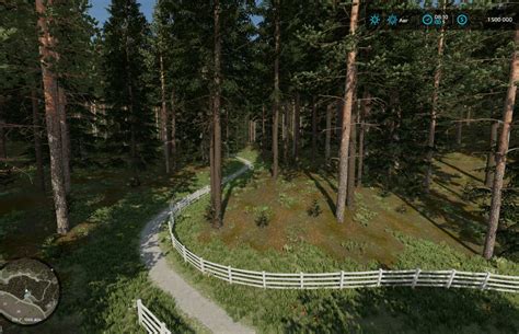 Vue d'ensemble d'une forêt dans Farming Simulator 17 avec des équipements forestiers