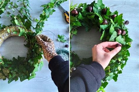 Photo d'une couronne de lierre séché décorée de fleurs