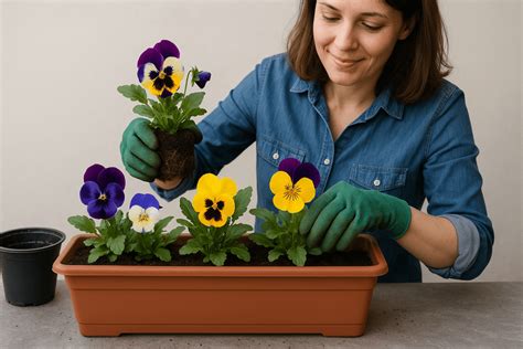 Illustration montrant l'espacement idéal entre les plants de pensées dans une jardinière