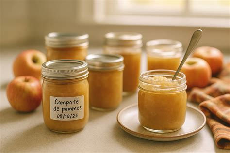 photo de bocaux de compote de pommes maison joliment étiquetés dans un garde-manger