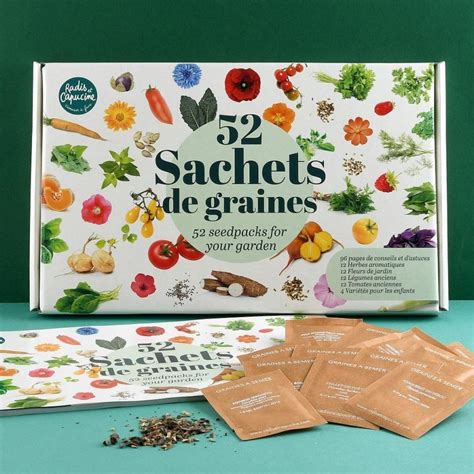 Illustration montrant une collection de sachets de graines bien rangés dans une boîte en bois compartimentée