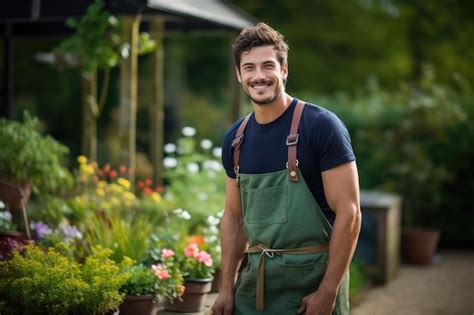 une femme séduisant un jardinier souriant dans un jardin luxuriant