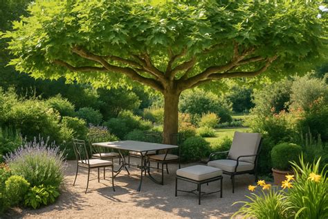 Jardin avec mûrier platane et plantes associées