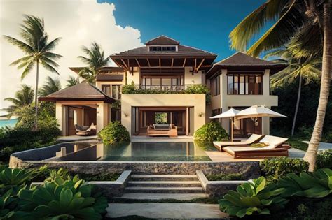 Photo d'une villa tropicale avec piscine privée entourée de végétation luxuriante