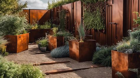 jardin moderne avec bacs en acier corten