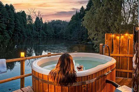 Vue d'ensemble d'un bain nordique en bois de douglas dans un jardin