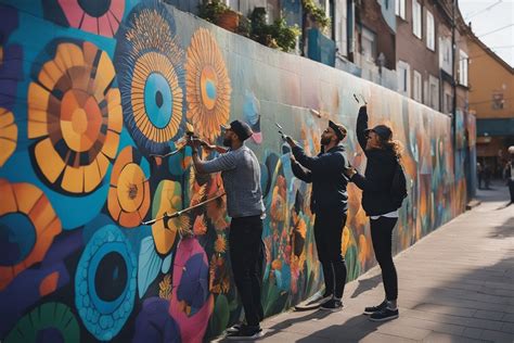 Une fresque murale contemporaine colorée sur un mur urbain en briques