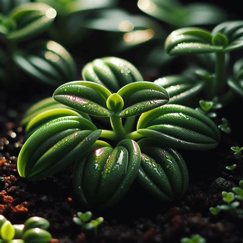Gros plan sur les feuilles en forme de haricot du Peperomia ferreyrae avec sa bande transparente caractéristique