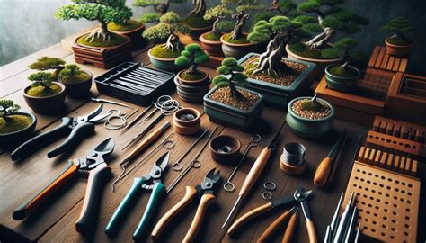 atelier de bonsaï traditionnel avec outils Masakuni disposés sur une table en bois